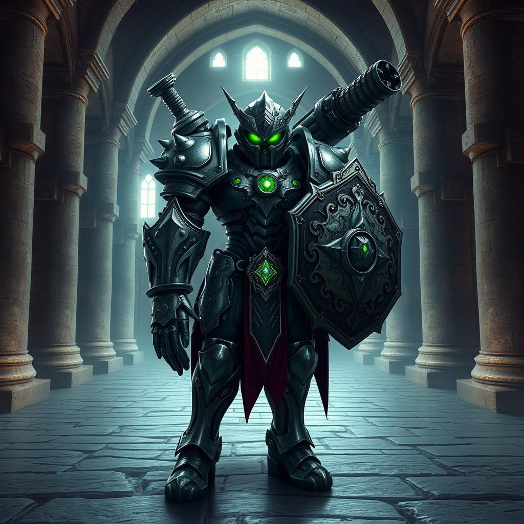 A warforged character with intricate metallic armor, featuring glowing green eyes that emit a mysterious and powerful aura