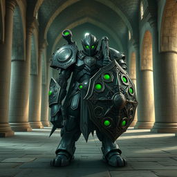 A warforged character with intricate metallic armor, featuring glowing green eyes that emit a mysterious and powerful aura