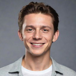 Realistic portrait of Tom Holland, the actor, with a luminous smile on his face, dressed in a casual yet stylish outfit.