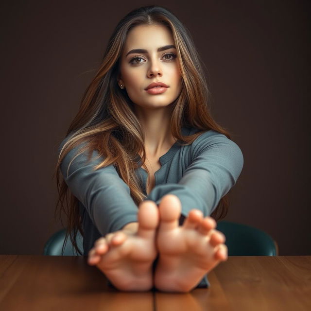 A beautiful woman elegantly stretches her hands over her leg, with her feet placed on the table towards the camera