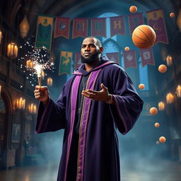 LeBron James in a magical world inspired by Harry Potter, donning a wizard's robe with purple and gold accents and holding a magical wand with sparkles dancing from its tip