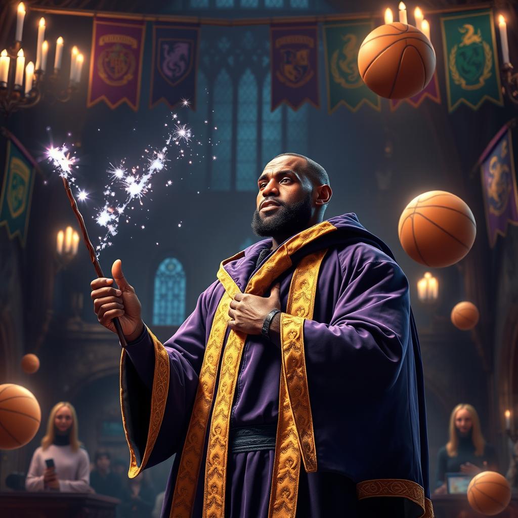 LeBron James in a magical world inspired by Harry Potter, donning a wizard's robe with purple and gold accents and holding a magical wand with sparkles dancing from its tip