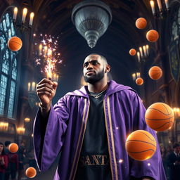 LeBron James in a magical world inspired by Harry Potter, donning a wizard's robe with purple and gold accents and holding a magical wand with sparkles dancing from its tip