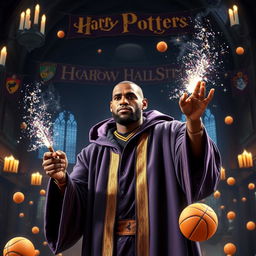 LeBron James in a magical world inspired by Harry Potter, donning a wizard's robe with purple and gold accents and holding a magical wand with sparkles dancing from its tip