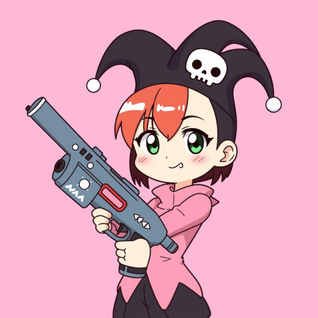 Kuromi holding a cartoonishly large, playful gun in a playful and non-threatening manner, set against a vibrant pink background