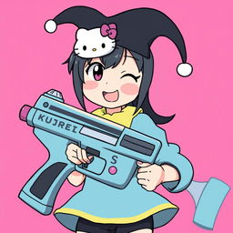 Kuromi holding a cartoonishly large, playful gun in a playful and non-threatening manner, set against a vibrant pink background