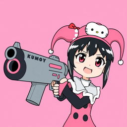 Kuromi holding a cartoonishly large, playful gun in a playful and non-threatening manner, set against a vibrant pink background