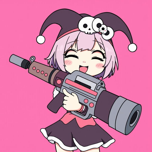 Kuromi holding a cartoonishly large, playful gun in a playful and non-threatening manner, set against a vibrant pink background