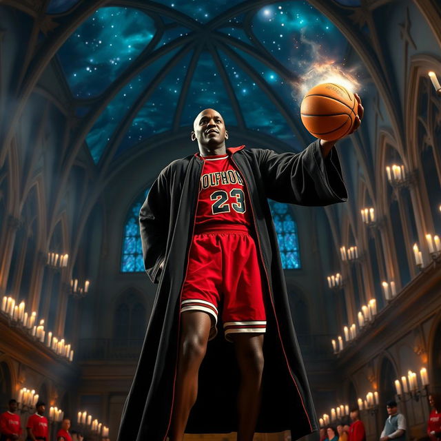 Michael Jordan dressed as a wizard from the Harry Potter universe, wearing a Gryffindor robe and holding a basketball that glows like a magical orb