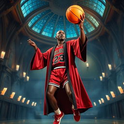 Michael Jordan dressed as a wizard from the Harry Potter universe, wearing a Gryffindor robe and holding a basketball that glows like a magical orb