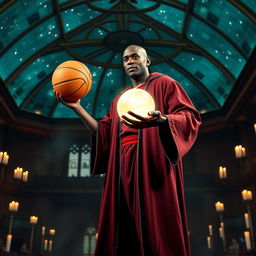 Michael Jordan dressed as a wizard from the Harry Potter universe, wearing a Gryffindor robe and holding a basketball that glows like a magical orb