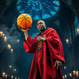 Michael Jordan dressed as a wizard from the Harry Potter universe, wearing a Gryffindor robe and holding a basketball that glows like a magical orb