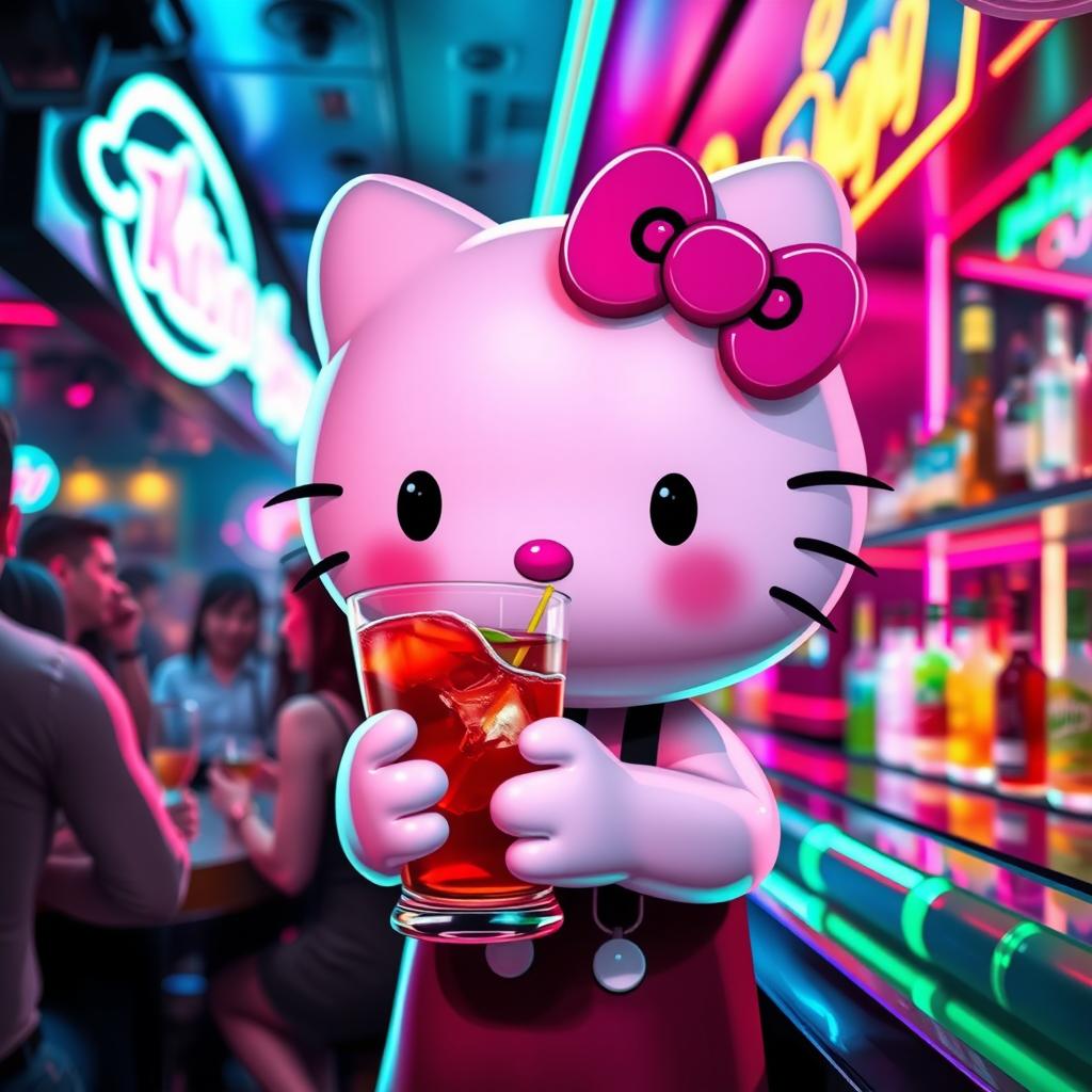 Hello Kitty, visibly drunk and looking lost in a lively bar setting