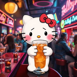 Hello Kitty, visibly drunk and looking lost in a lively bar setting