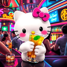 Hello Kitty, visibly drunk and looking lost in a lively bar setting