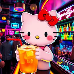 Hello Kitty, visibly drunk and looking lost in a lively bar setting