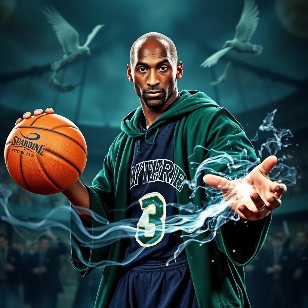 Kobe Bryant as a wizard in the Harry Potter world, wearing the Slytherin house robe, and holding a magical basketball with sparks of enchantment