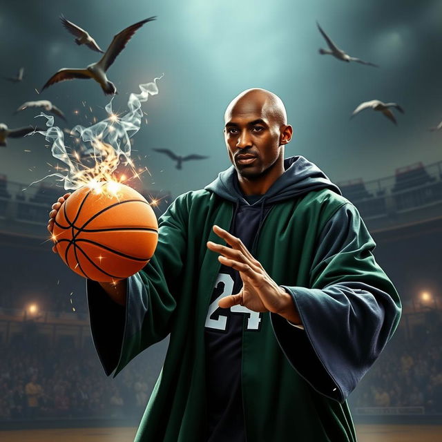 Kobe Bryant as a wizard in the Harry Potter world, wearing the Slytherin house robe, and holding a magical basketball with sparks of enchantment