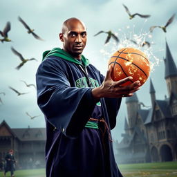 Kobe Bryant as a wizard in the Harry Potter world, wearing the Slytherin house robe, and holding a magical basketball with sparks of enchantment