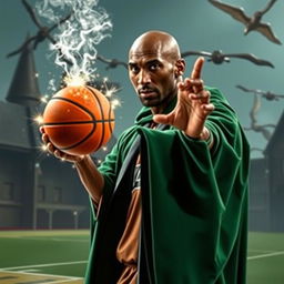 Kobe Bryant as a wizard in the Harry Potter world, wearing the Slytherin house robe, and holding a magical basketball with sparks of enchantment