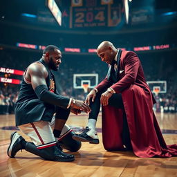 LeBron James respectfully kneeling down in an elegant manner and gently gripping Michael Jordan's foot in an act of admiration, set against the backdrop of a grand basketball arena