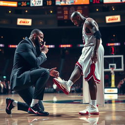 LeBron James respectfully kneeling down in an elegant manner and gently gripping Michael Jordan's foot in an act of admiration, set against the backdrop of a grand basketball arena