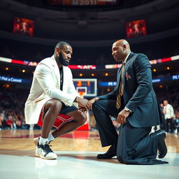 LeBron James respectfully kneeling down in an elegant manner and gently gripping Michael Jordan's foot in an act of admiration, set against the backdrop of a grand basketball arena