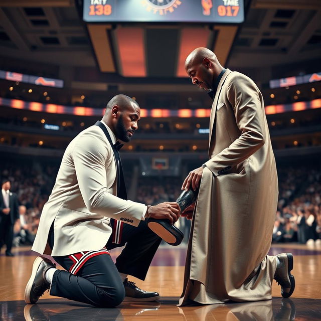 LeBron James respectfully kneeling down in an elegant manner and gently gripping Michael Jordan's foot in an act of admiration, set against the backdrop of a grand basketball arena