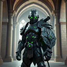 A warforged character with intricate metallic armor, featuring glowing green eyes that emit a mysterious and powerful aura