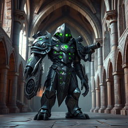 A warforged character with intricate metallic armor, featuring glowing green eyes that emit a mysterious and powerful aura