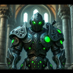 A warforged character with intricate metallic armor, featuring glowing green eyes that emit a mysterious and powerful aura