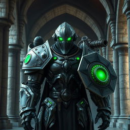 A warforged character with intricate metallic armor, featuring glowing green eyes that emit a mysterious and powerful aura