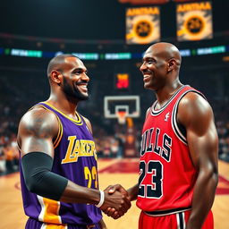 A portrait of LeBron James and Michael Jordan in a moment of mutual respect and camaraderie on a basketball court