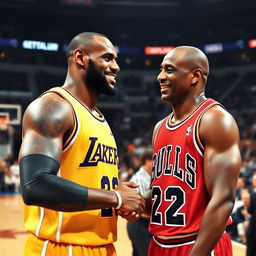 A portrait of LeBron James and Michael Jordan in a moment of mutual respect and camaraderie on a basketball court