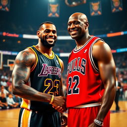 A portrait of LeBron James and Michael Jordan in a moment of mutual respect and camaraderie on a basketball court