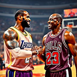 A portrait of LeBron James and Michael Jordan in a moment of mutual respect and camaraderie on a basketball court