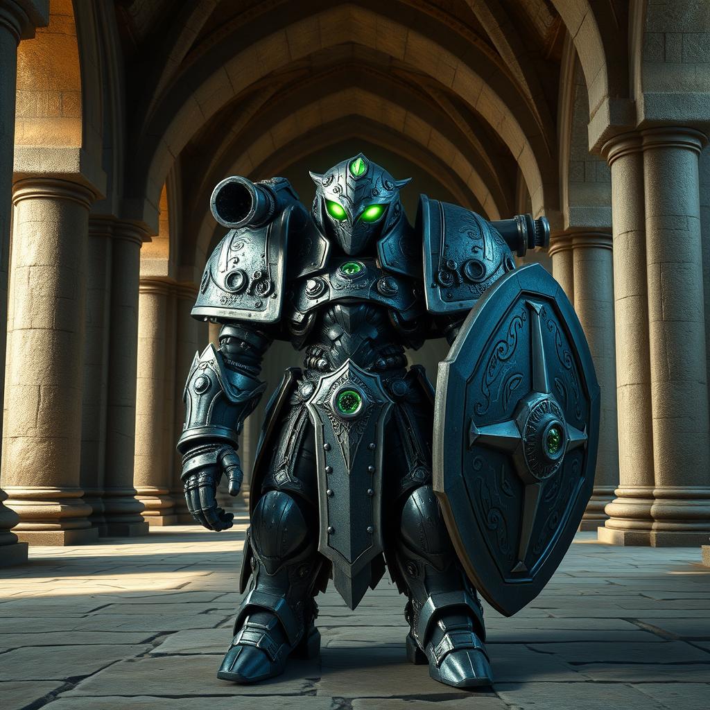 A warforged character with intricate metallic armor, featuring glowing green eyes that emit a mysterious and powerful aura