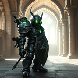 A warforged character with intricate metallic armor, featuring glowing green eyes that emit a mysterious and powerful aura