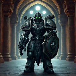 A warforged character with intricate metallic armor, featuring glowing green eyes that emit a mysterious and powerful aura