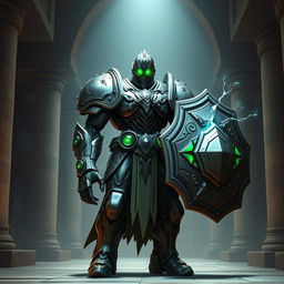 A warforged character with intricate metallic armor, featuring glowing green eyes that radiate power and mystery