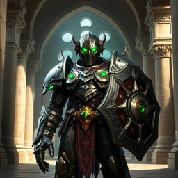 A warforged character with intricate metallic armor, featuring glowing green eyes that radiate power and mystery