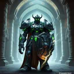 A warforged character with intricate metallic armor, featuring glowing green eyes that radiate power and mystery