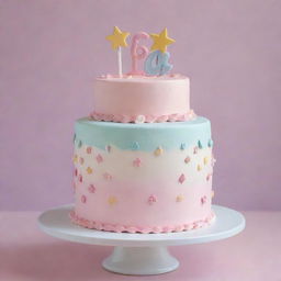 A really cute and simple birthday cake designed specifically for a 16 year old girl with pastel colors, decorated with feminine elements like stars, hearts, and swirls.