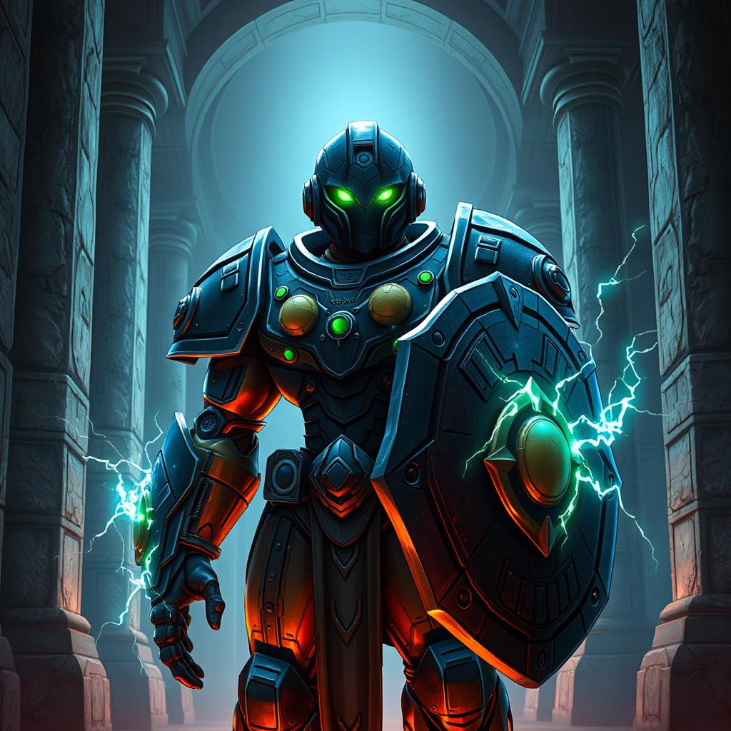 A warforged character with a sleek dome helmet and glowing green eyes, exuding an aura of mystery and power