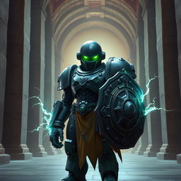 A warforged character with a sleek dome helmet and glowing green eyes, exuding an aura of mystery and power