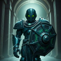 A warforged character with a sleek dome helmet and glowing green eyes, exuding an aura of mystery and power