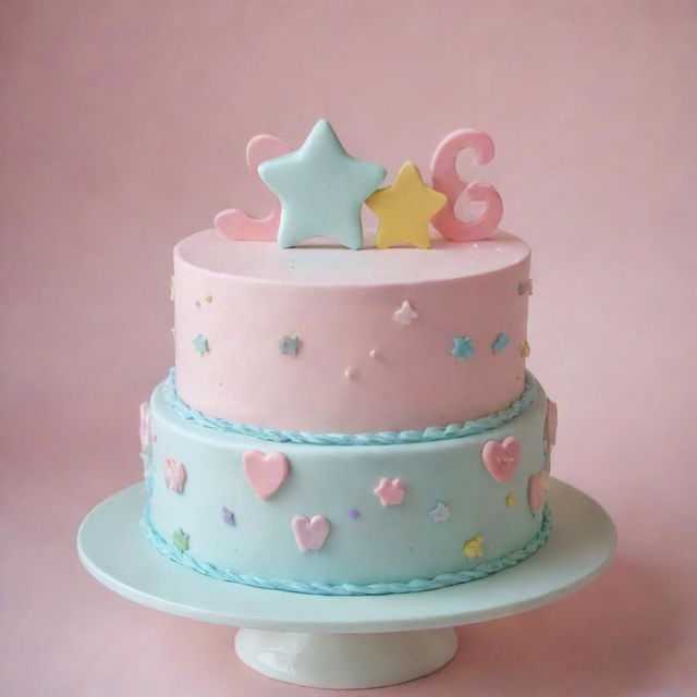 A really cute and simple birthday cake designed specifically for a 16 year old girl with pastel colors, decorated with feminine elements like stars, hearts, and swirls.