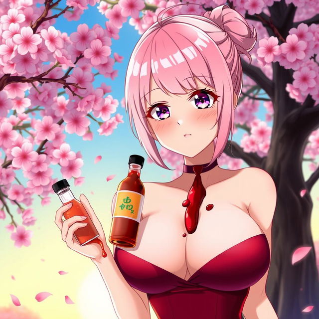 anime character with pink sakura-themed hair and captivating eyes, holding a bottle of BBQ sauce spilling over her elegant, voluptuous chest