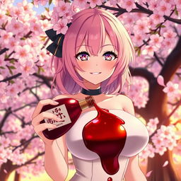 anime character with pink sakura-themed hair and captivating eyes, holding a bottle of BBQ sauce spilling over her elegant, voluptuous chest