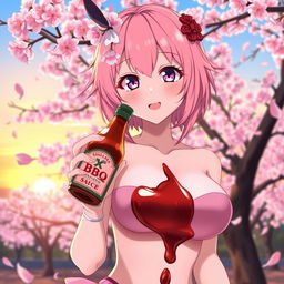 anime character with pink sakura-themed hair and captivating eyes, holding a bottle of BBQ sauce spilling over her elegant, voluptuous chest